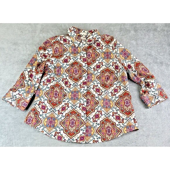 Chicos 2 US‎ M Colorful Medallion Button Up Back Shirt Boho Regal Art To Wear - Picture 1 of 11
